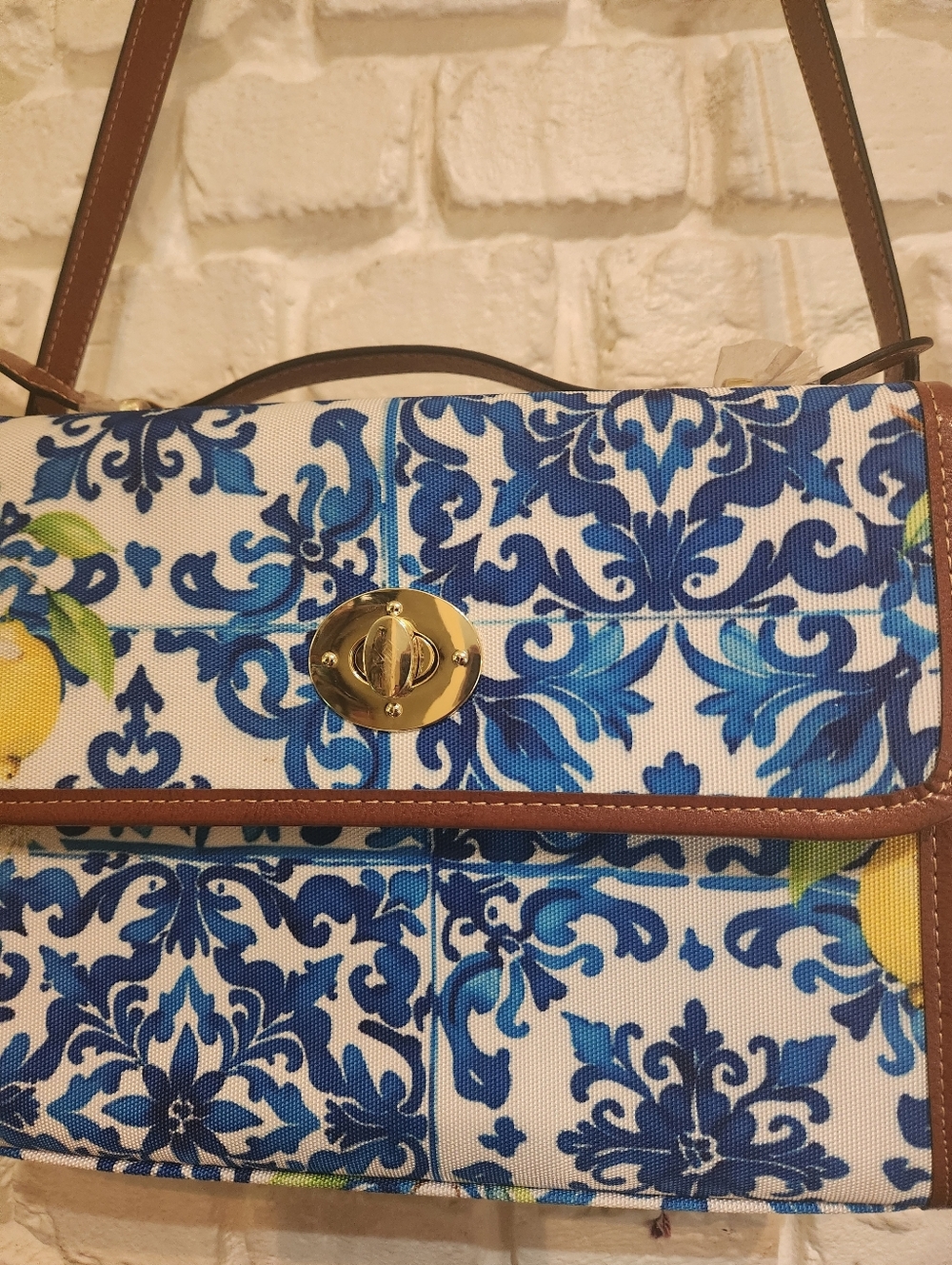 Santorini Style Blue Tile & Lemons Print Crossbody Bag W/Brown Faux Leather Trim - Picture 3 of 10